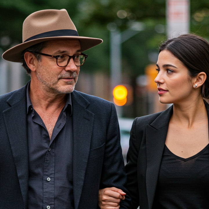A man walks on the sidwalk with a woman. He is wearing a tan fedora with a dark band. 
